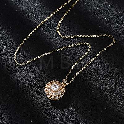 Brass Clear Cubic Zirconia Rotatable Sunflower Pendant Necklaces for Women NJEW-C067-05G-1