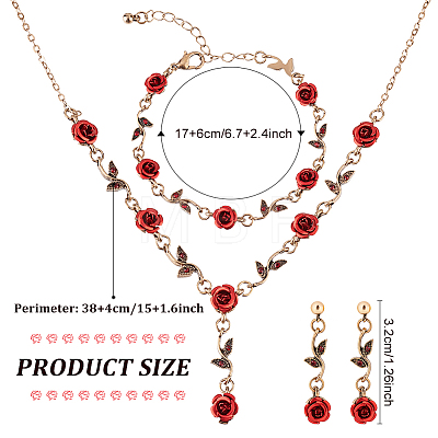 ANATTASOUL Siam Rhinestone Rose Flower Dangle Stud Earrings & Link Chain Bracelet & Lariat Necklace SJEW-AN0001-13-1