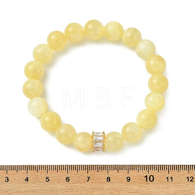 Round Natural Golden Silk Jade & Brass Micro Pave Cubic Zirconia European Beads Stretch Bracelets for Women BJEW-JB14057-1