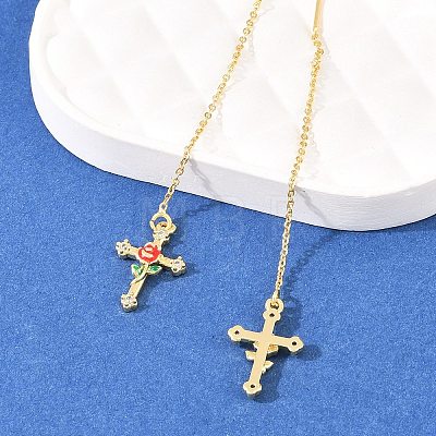 Cross with Flower Brass Clear Cubic Zirconia Ear Thread EJEW-H182-13G-1