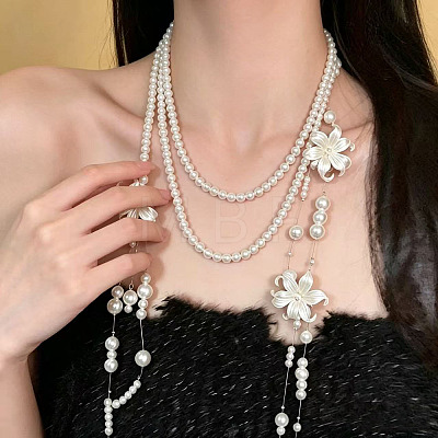 Plastic Imitation Pearl Round Beaded Flower Tassel 3 Layer Necklaces for Women WGA3D1C-01-1