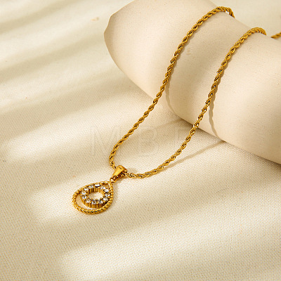 304 Stainless Steel Micro Pave Clear Cubic Zirconia Teardrop with Ring Pendant Necklaces for Women WGE593C-01-1