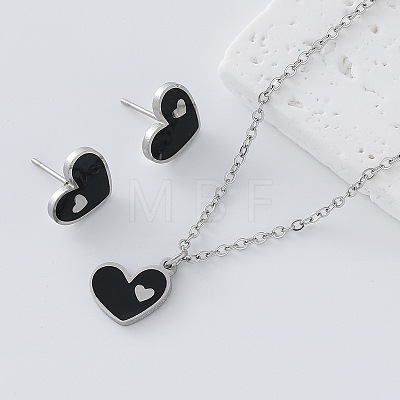 304 Stainless Steel Enamel Heart Pendant Necklace & Stud Earrings Set for Women AP1846-3-1