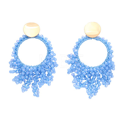 Flat Round Brass Glass Bead Dangle Stud Earrings FS-WG04037-01-1