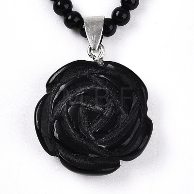 Natural Obsidian 4.5mm Round Beaded Flower Pendant Necklaces NJEW-T016-04B-1