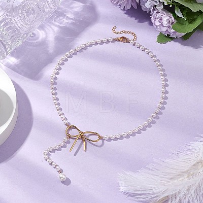 Shell Pearl & ABS Plastic Imitation Pearl Round Beaded Bowknot Pendant Necklaces for Women NJEW-JN05060-1