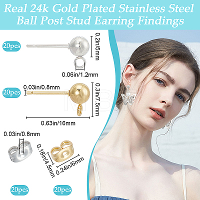 Beebeecraft 40Pcs 2 Style 202 & 304 Stainless Steel Round Ball Stud Earring Findings STAS-BBC0004-80-1