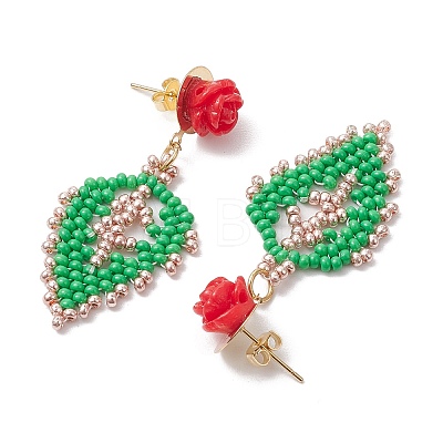 Rose with Leaf Seed Beads Stud Earrings EJEW-MZ00222-03-1