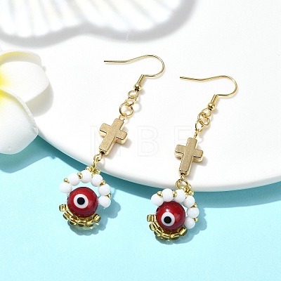 Handmade Seed Evil Eye & Cross Dangle Earrings EJEW-MZ00227-02-1