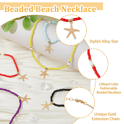 FIBLOOM 5Pcs 5 Colors Alloy Starfish Pendant Necklaces Set with Glass Beaded Chains NJEW-FI0001-39-1