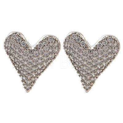 Rack Plating Heart Brass Pave Clear Cubic Zirconia Stud Earrings EJEW-I310-03P-1