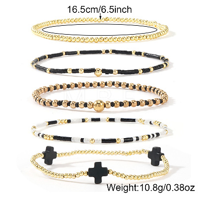 5Pcs 5 Styles Brass & Resin Beads Stretch Bracelets FP8271-1-1