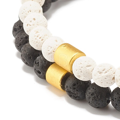 2Pcs 2 Style Natural Lava Rock(Dyed) Round Beaded Stretch Bracelets Set with Column Synthetic Hematite BJEW-JB07578-1