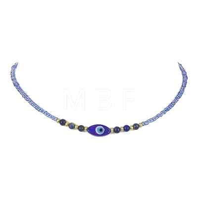 Natural Lapis Lazuli & Lampwork Evil Eye & Seed Beaded Necklace NJEW-JN04423-1