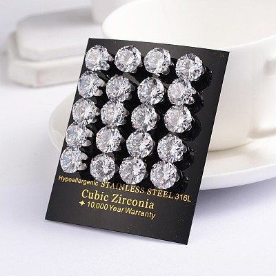 Flat Round 304 Stainless Steel Cubic Zirconia Stud Earrings EJEW-H306-38-4mm-1