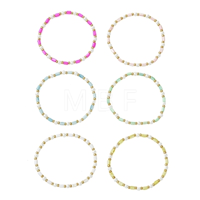 6Pcs Dyed Natural Freshwater Shell & Glass Pearl & Seed Beads Stretch Bracelets Set for Women BJEW-MZ00347-1