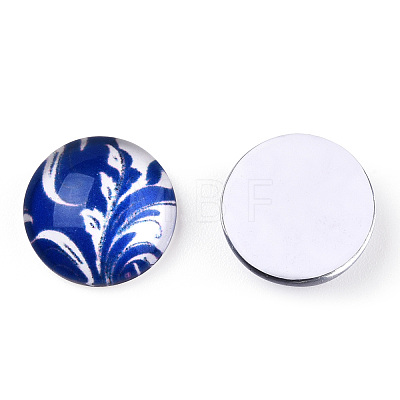 Blue and White Floral Printed Glass Cabochons GGLA-A002-12mm-XX-1