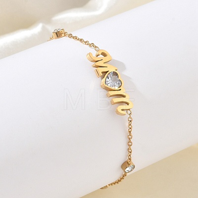 Mother's Day 304 Stainless Steel Cubic Zirconia Word Mom Link Bracelets BJEW-L721-02G-1