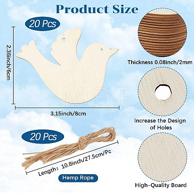 20Pcs Unfinished Wood Pendant Decoration BIRD-CP0001-02-1