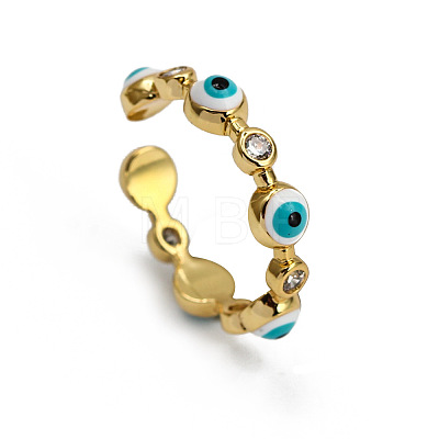 Flat Round with Evil Eye Brass Micro Pave Clear Cubic Zirconia with Enamel Cuff Rings FS-WG1191A-01-1