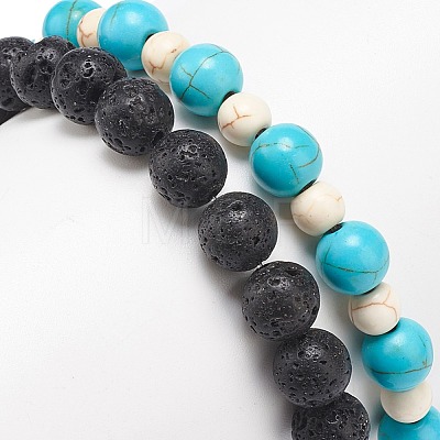 2Pcs 2 Style Natural Lava Rock & Synthetic Turquoise Round Beaded Stretch Bracelets Set BJEW-JB08585-1