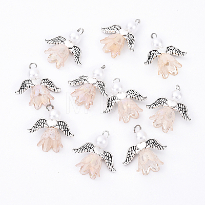 10Pcs Acrylic & Imitation Pearl Flower Angel Pendants PALLOY-YW00055-03-1