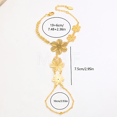 Vintage Brass Carved Hollow 6-Petal Flower Hand Chain Ring Bracelets for Women FB4811-2-1