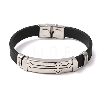 201 Stainless Steel Rectangle with Cross Link Bracelet with PU Leather Cord for Men Women BJEW-G649-08P-1
