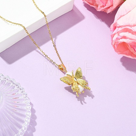 Brass Micro Pave Cubic Zirconia and Natural Pearl Butterfly Pendant 304 Stainless Steel Cable Chain Necklaces for Women NJEW-JN06182-1