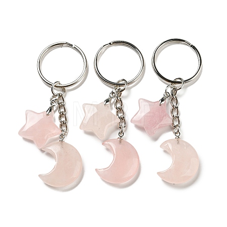 Reiki Natural Rose Quartz Moon & Star Pendant Keychains KEYC-P015-02P-04-1