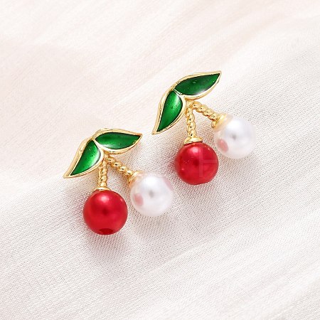 Cherry Brass ABS Plastic Pearl Stud Earrings EJEW-U062-04B-01G-1