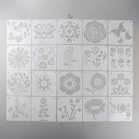 20Pcs 20 Styles Square PET Plastic Drawing Painting Stencils Templates. with 1Pc Binder Ring DIY-WH0430-363-1