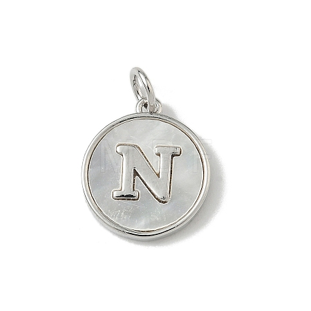 Brass Pave Natural Shell Flat Round with Letter Charms KK-Z115-13P-N-1