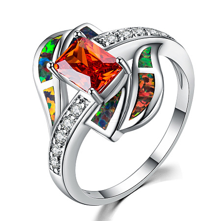 Brass Micro Pave Cubic Zirconia and Opal Finger Rings FS-WG9EA6B-10-1