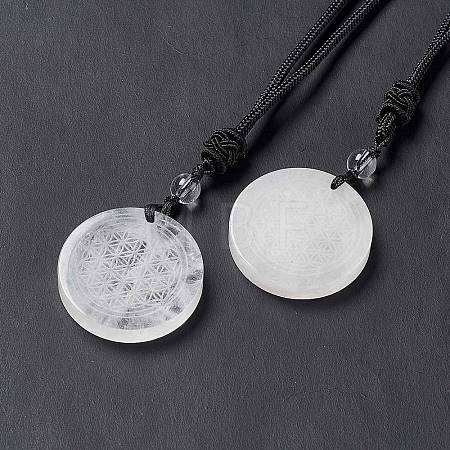 Natural Quartz Crystal Flat Round with Flower of Life Pendant Necklace with Nylon Cord for Women NJEW-P274-02-07-1