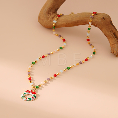 Christmas Alloy & Brass White Red and Green Enamel Pendant Colorful Resin Beaded Necklaces for Women FS-WGF8F07-04-1