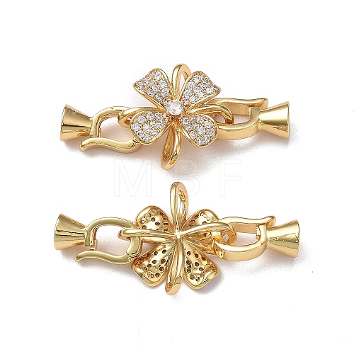 Rack Plating Flower Brass Pave Clear Cubic Zirconia Fold Over Clasps KK-E080-01G-1