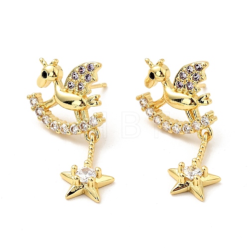 Cubic Zirconia Hobbyhorse with Star Dangle Stud Earrings EJEW-G297-02G-1