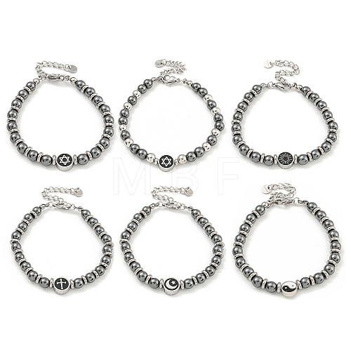 304 Stainless Steel & Synthetic Non-magnetic Hematite Round Beaded Bracelets for Women BJEW-G717-12-1