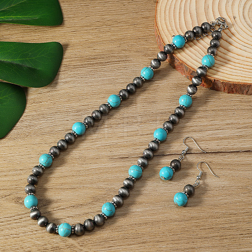 Synthetic Turquoise & CCB Plastic Round Beaded Necklaces & Dangle Earrings Sets WG1B28D-02-1