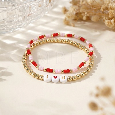 2Pcs 2 Styles I Love You Brass & Acrylic & Seed Beads Stretch Bracelets XD6242-1