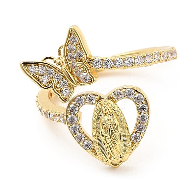 Clear Cubic Zirconia Heart Virgin Mary with Butterfly Open Cuff Ring RJEW-E064-05G-1