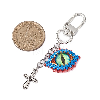 Evil Eye Glass Seed Loom & Cross Alloy Pendant Decoration HJEW-MZ00082-1