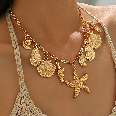 Bohemian Summer Beach Zinc Alloy Starfish Shell Shape Pendant Bib Necklaces for Women WGA7543-02-1