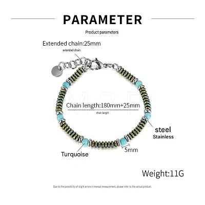 Round Synthetic Turquoise and 304 Stianless Steel Beaded Bracelets for Men Women EV7041-2-1