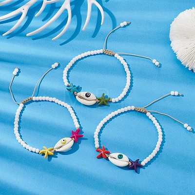 Synthetic Turquoise Starfish & Natural Shell Braided Bead Bracelets BJEW-TA00395-1