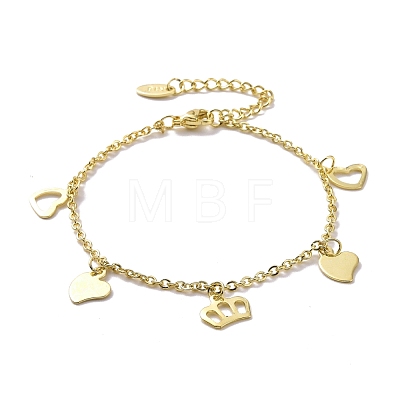 201 Stainless Steel Heart & Crown Charms Bracelet with 304 Stainless Steel Chains for Women BJEW-C019-30G-1