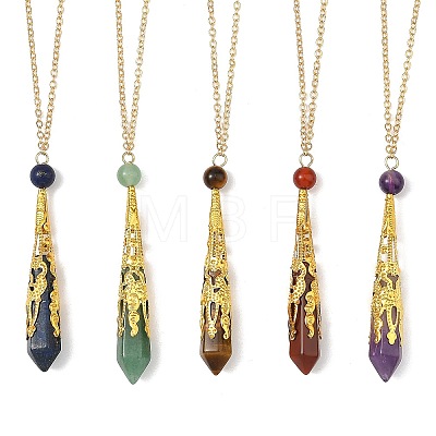 304 Stainless Steel Filigree Natural Mixed Stone Faceted Pointed Bullet Pendant Brass Cable Chain Necklaces NJEW-JN06568-1