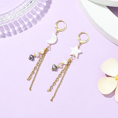 Star & Moon Natural Freshwater Shell Asymmetrical Earrings EJEW-JE07144-1