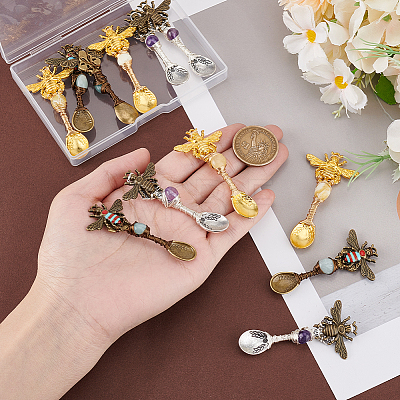 12Pcs 3 Colors Alloy Coffee Tea Spoon & Bee Pendants PALLOY-GA00013-1